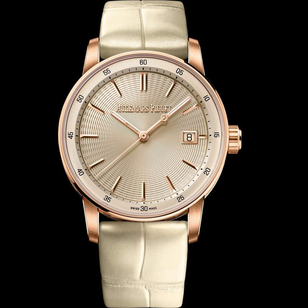 Luxury watch with rose gold case and beige leather strap | Luxe Audemars Piguet  Watches big discount Shop online