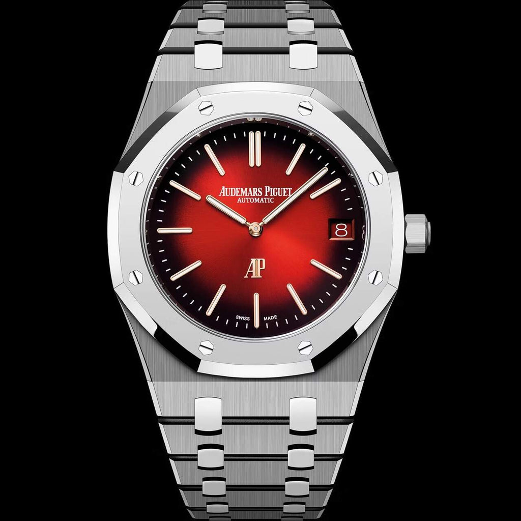 Luxury watch with red face and silver metal strap  | Luxe Audemars Piguet  Watches big discount Shop online