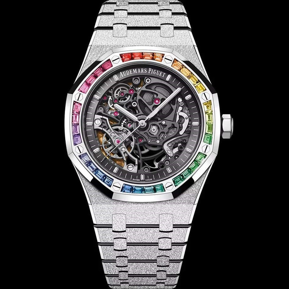 Luxury watch with a silver band and colorful gemstones  | Luxe Audemars Piguet  Watches big discount Shop online