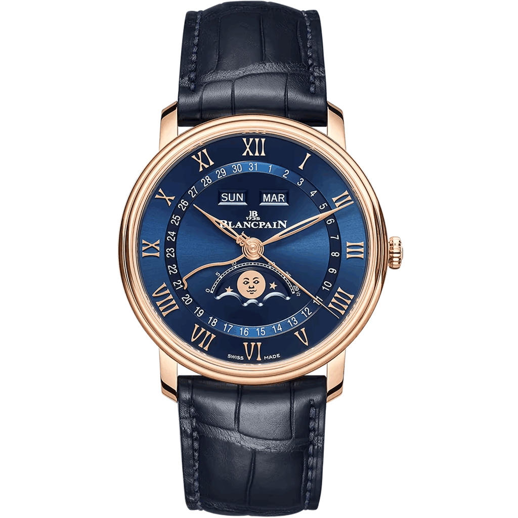 Luxury watch with blue dial and black leather strap | Luxe Blancpain Watches big discount Shop online