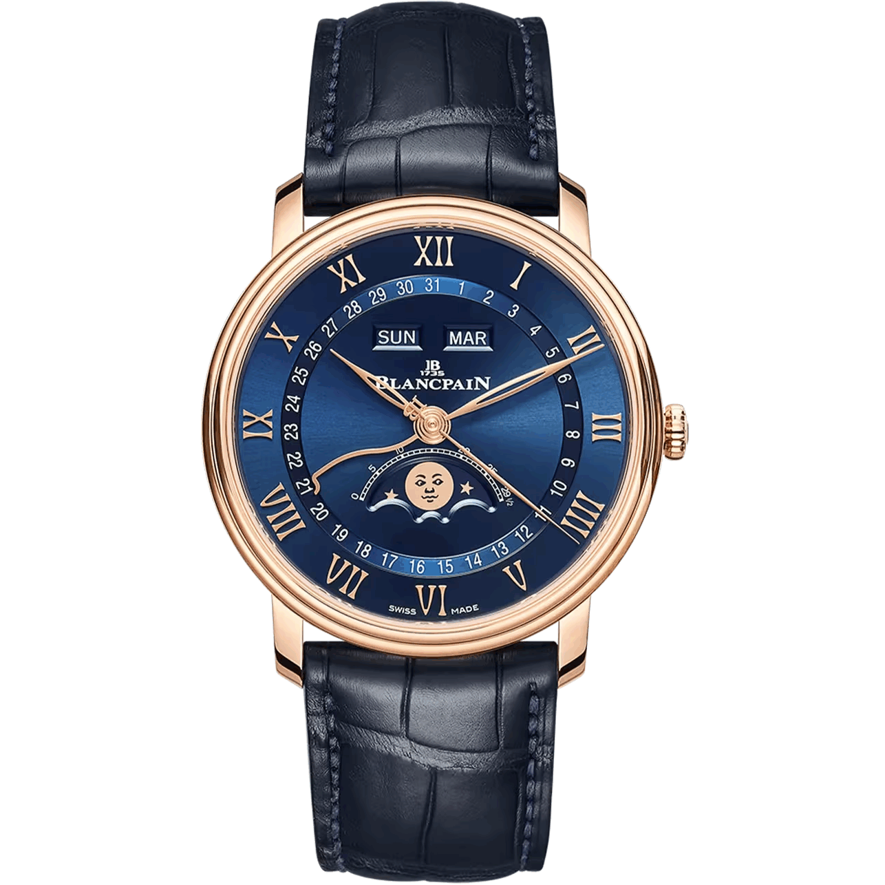 Luxury watch with blue dial and black leather strap | Luxe Blancpain Watches big discount Shop online