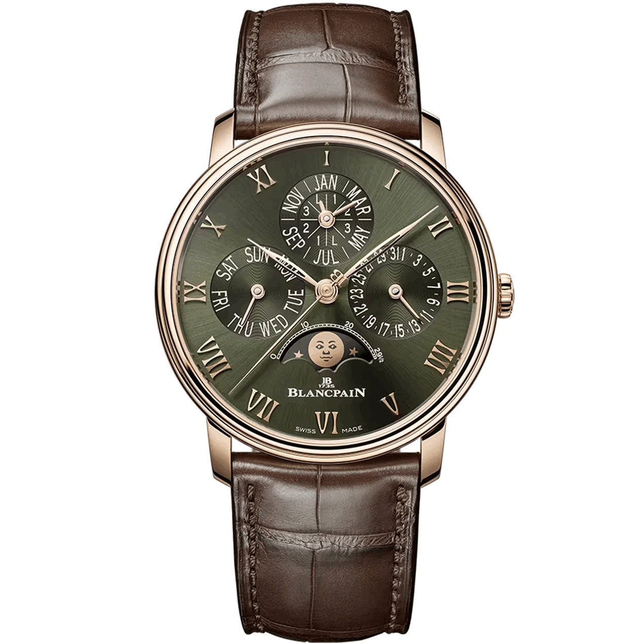 Watch with green dial and brown leather | Luxe Blancpain Watches big discount Shop online