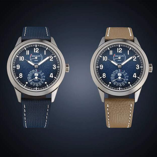 Two watches with blue and brown straps on a dark background