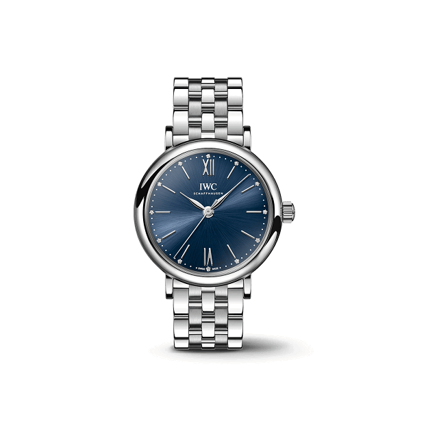 Silver watch with a blue dial on a white background  | Luxe IWC Watches Shop online