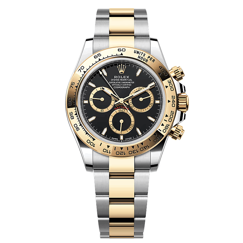 Luxury watch with black face, gold bezel, and silver bracelet   | Luxe Rolex Daytone Watches big discount Shop online